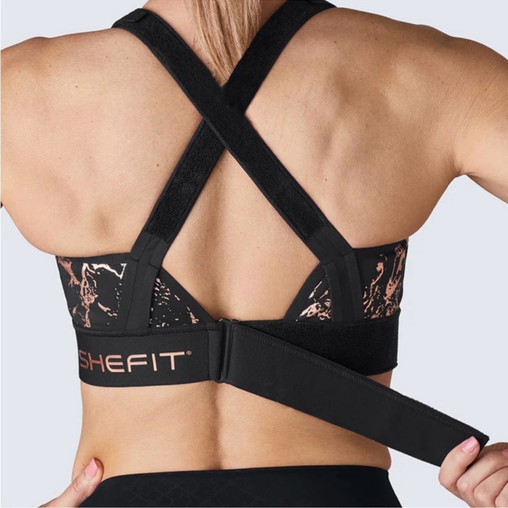SHEFIT Ultimate Sports Bra Luxe Black Gold Foil Marble 3Luxe Adjustable Women’s - Picture 2 of 7